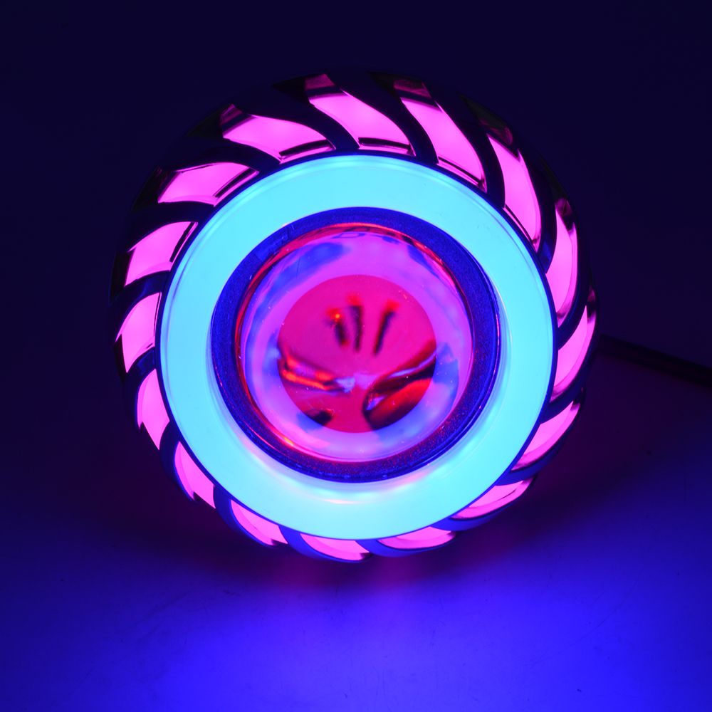 Delicate product 12V Motorcycle Head Light Lamp Projector Lens Light With Led Angel Devil Eyes Headlight 30W 1200Lm 200000H Double Aperture Light(Pink and Blue)