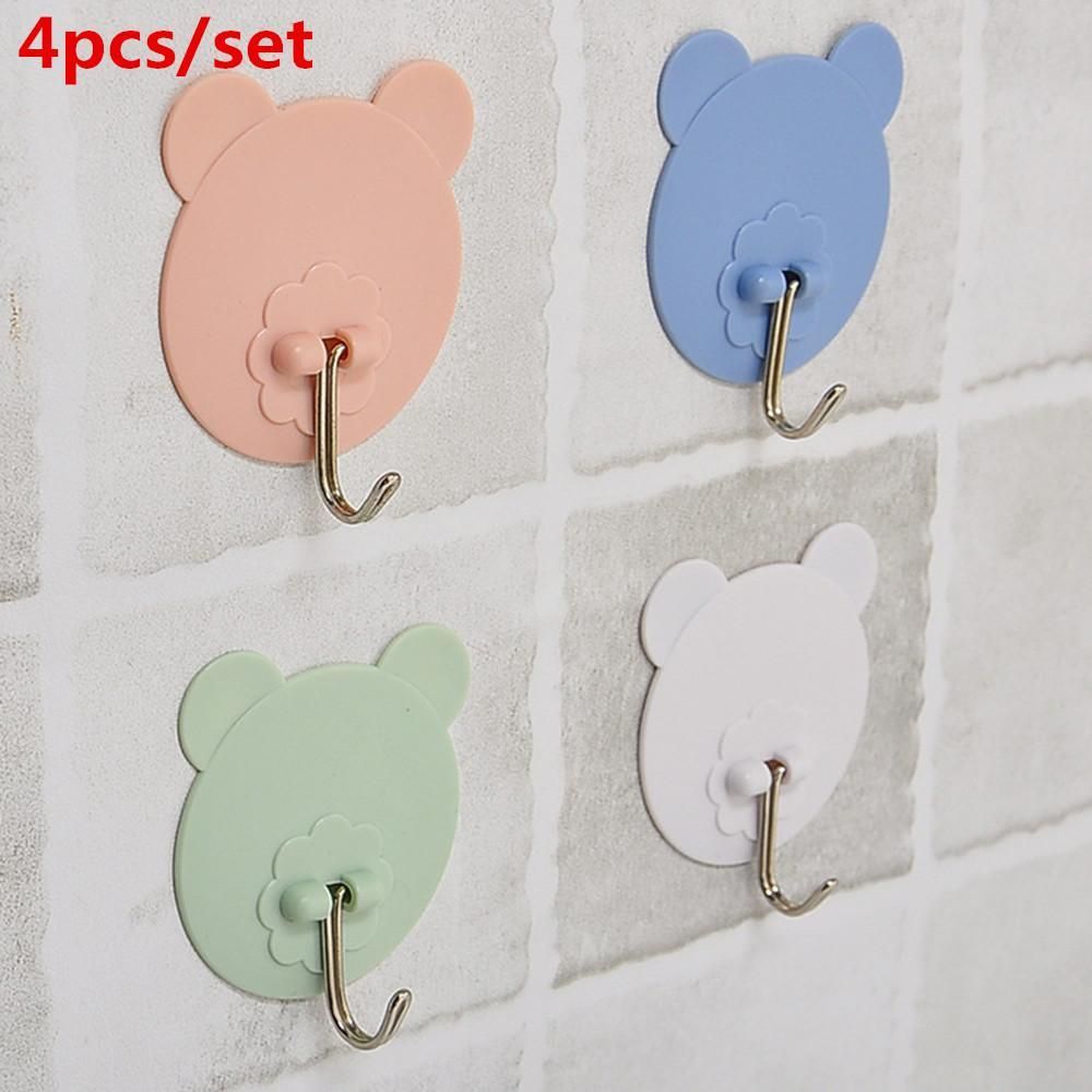 Bsex 4 pieces / set of self-adhesive hooks bear pattern storage rack bathroom kitchen racks hanging on the wall hanging door clothes towel rack