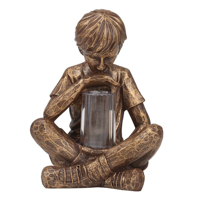 Glimpses of God Boy Statue Garden Decoration Resin Ornament with LED Light Solar Power a Kid with Fireflies Statue