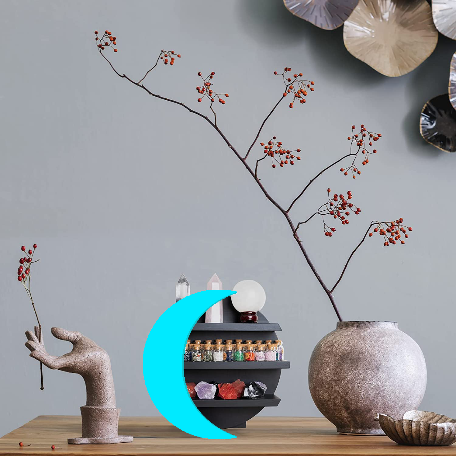 Wooden Moon Shelf Display with Shelves Perfect Moon Wall Art to Display Shelf Decor