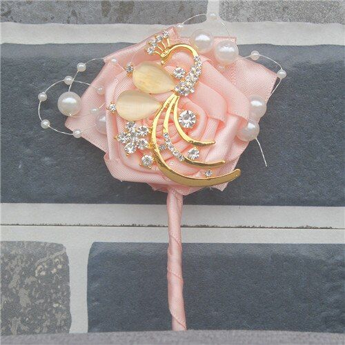 Luxury Ivory Rose Flower Golden Peacock Groom Boutonniere Pearl Beads Flower Bride Wedding Party Corsage Pin Brooch