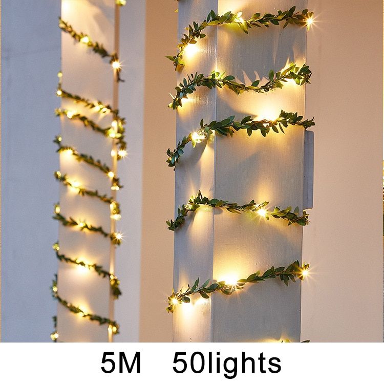 Solar Copper Wire Lights Maple Leaf Garland Fairy Lights 10M / 5M Outdoor Garland Solar Green Leaf Lamp Christmas Garden Decors--Set A1--