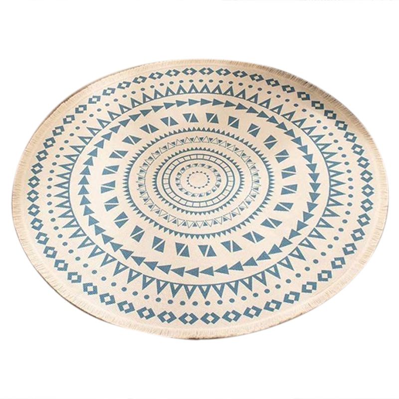 Nordic Cotton and Linen Outdoor Rug Ethnic Style Round Carpet Door Mats Rug Footsteps Bedroom Non-Slip Mats(Blue)