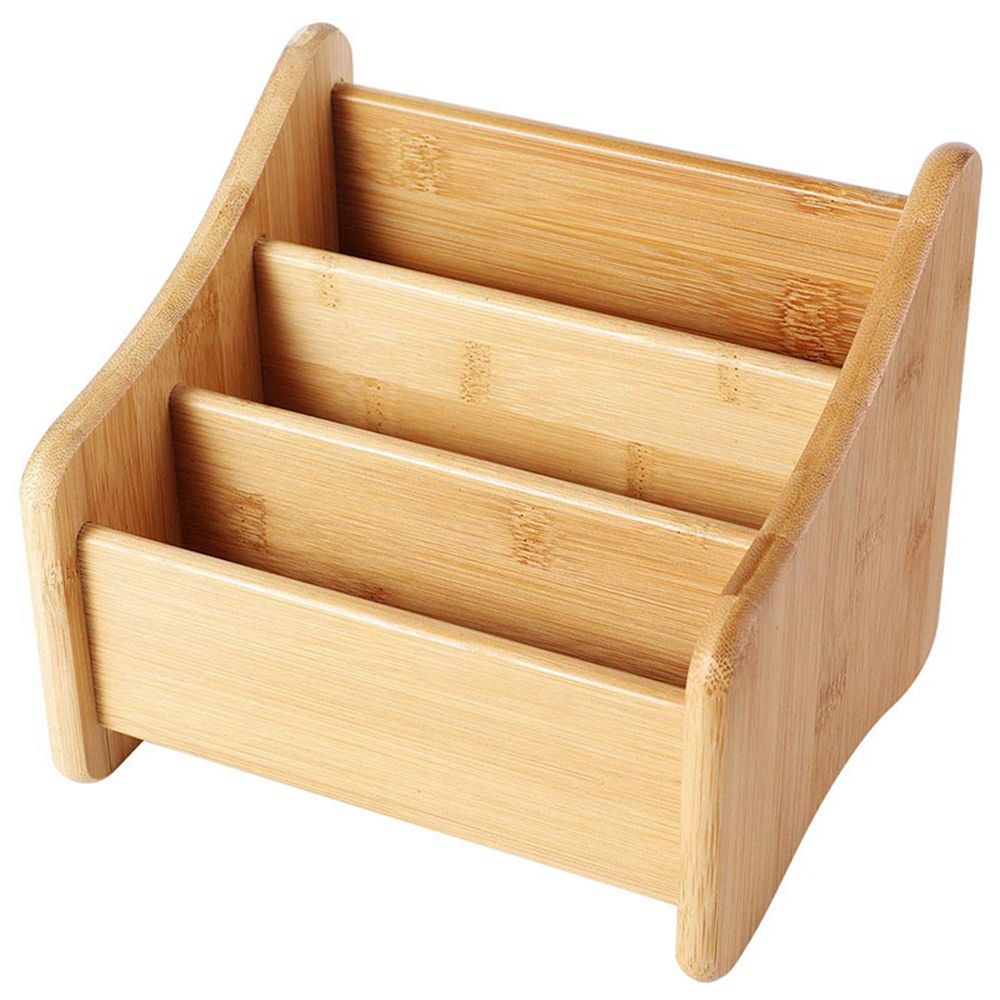 Wood Desk Organizer Bamboo Remote Control Holder Caddy Storage Container with 3 Compartments for Pen Pencil Phone Eyeglasses Office