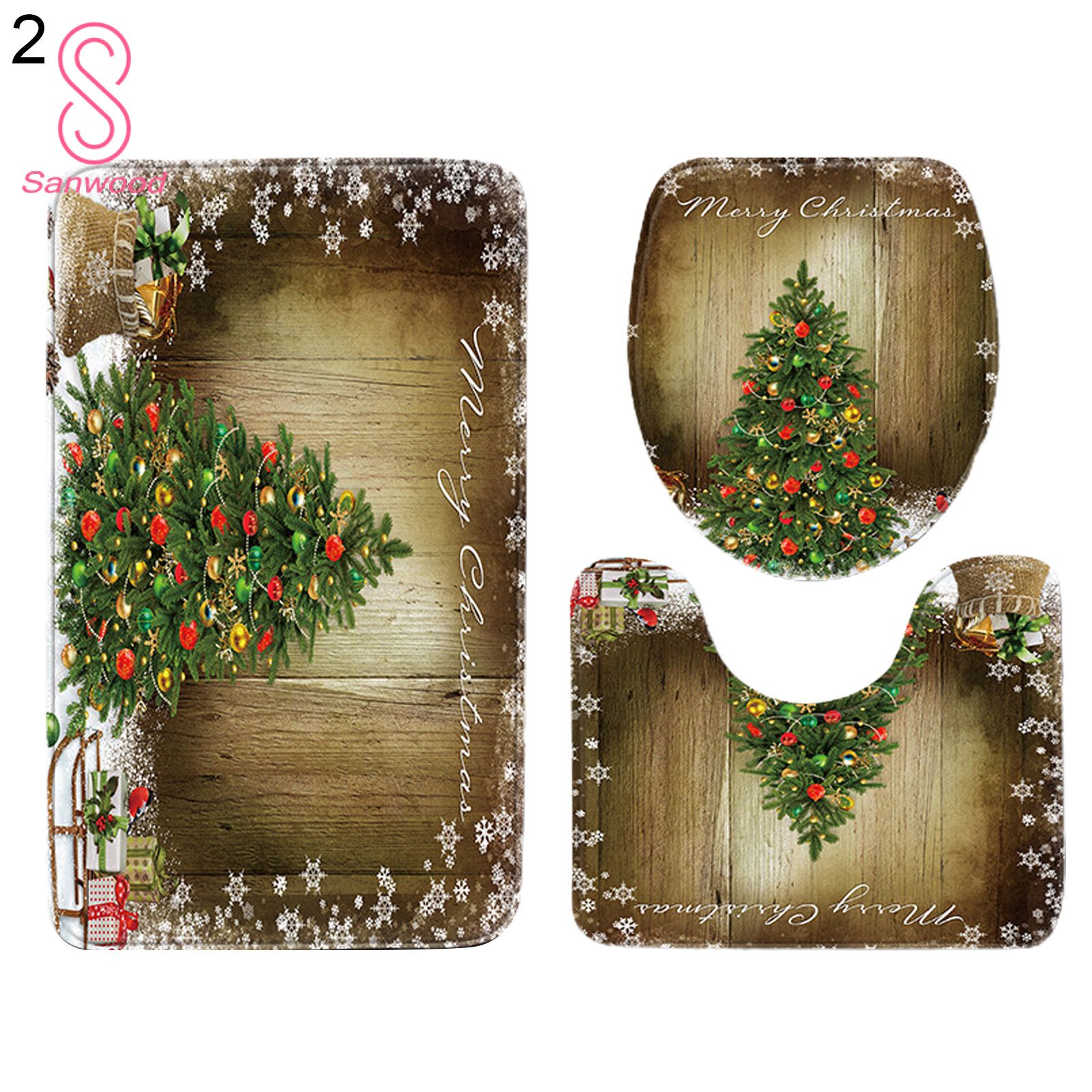 3Pcs/Set Toilet Cover Santa Claus Xmas Theme Eco-friendly Skin-friendly Washable Toilet Cushion for Bathroom