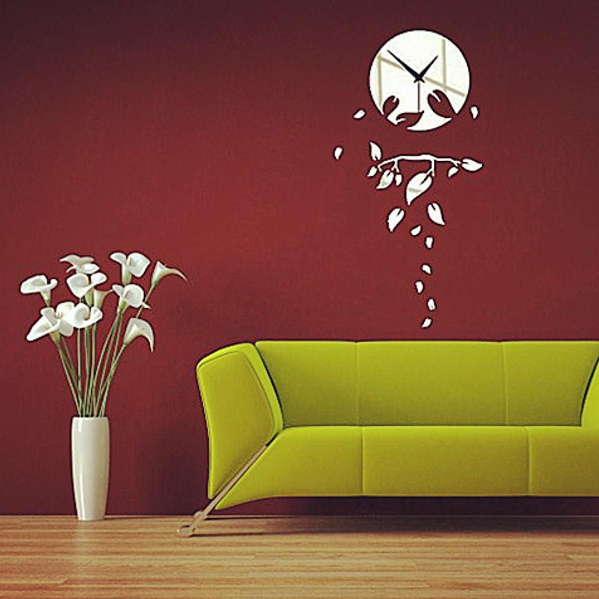 Branches Leaf Digital Modern Luxury 3D DIY Mirror Acrylic Wall Clock Alarm Stickers Decal Art TV Background Home Living Room Office Decoration