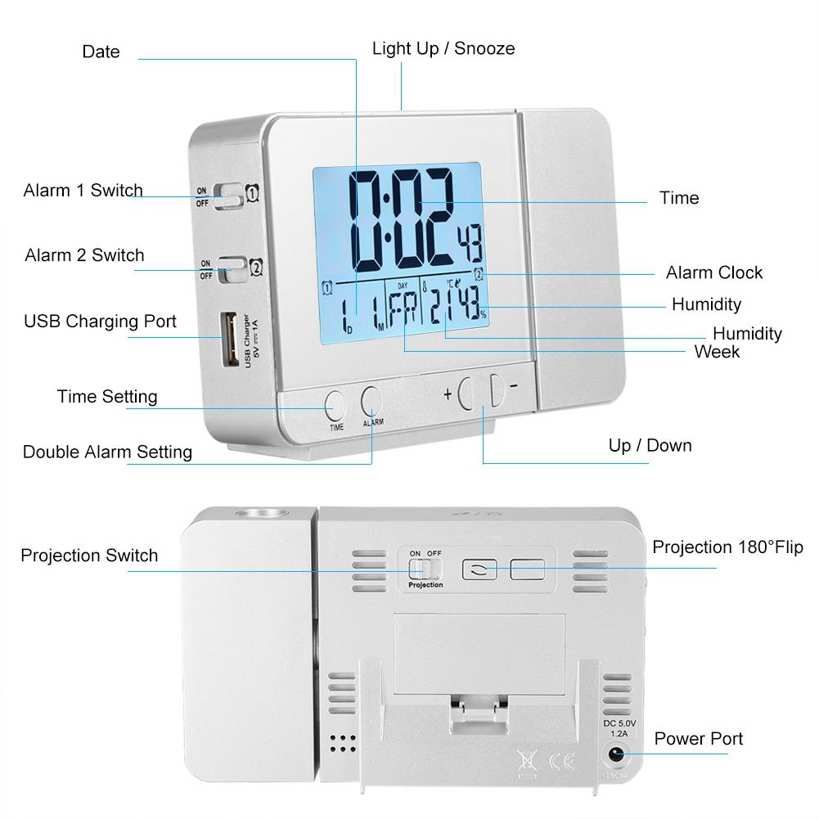 LED Multifunction Projection Digital Alarm Clock Temperature USB (Silver)
