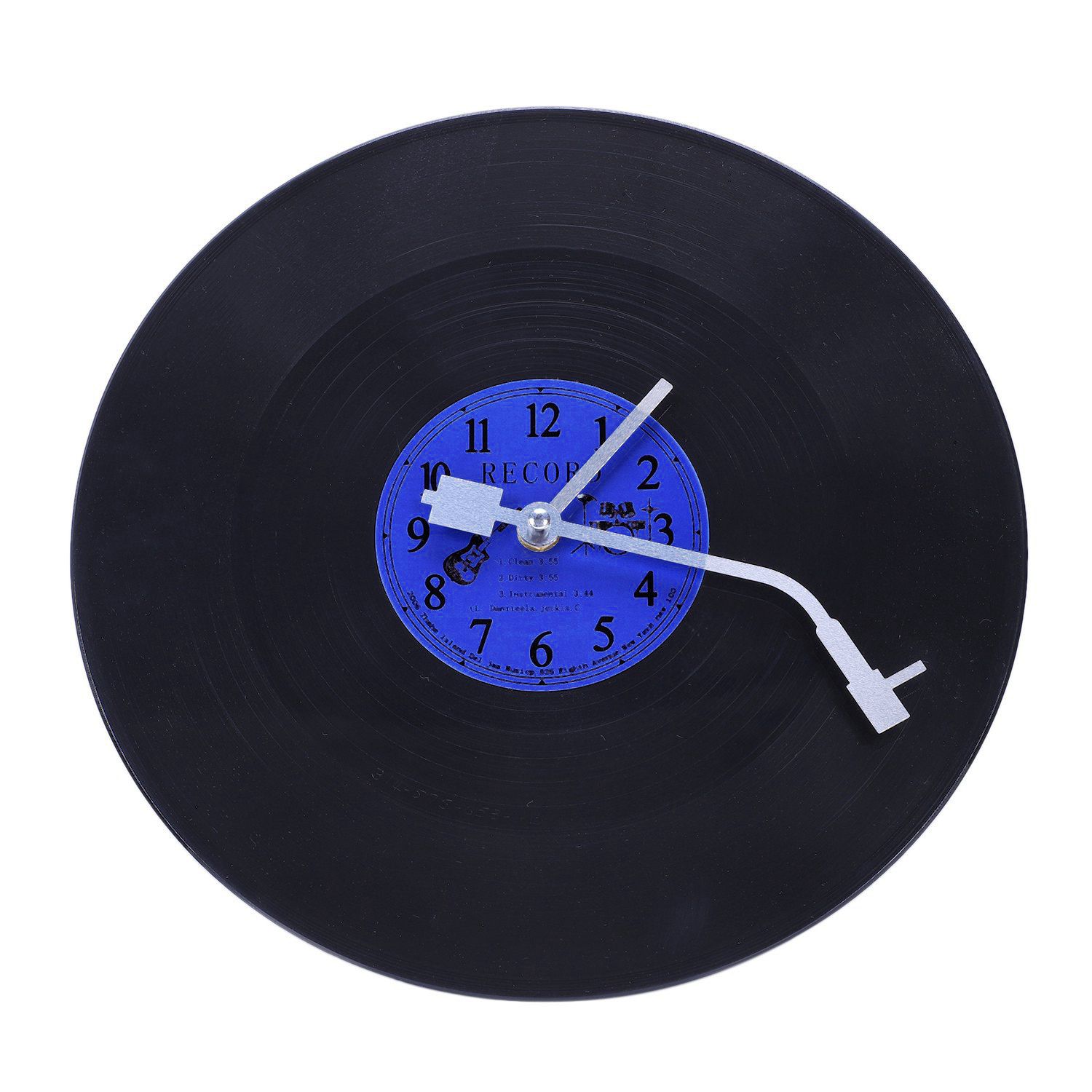 Delicate product Quartz Round Retro Wall Clock Art Design Kitchen Living Room Home Decoration Vinyl Record Clock Blue + Black Plastic