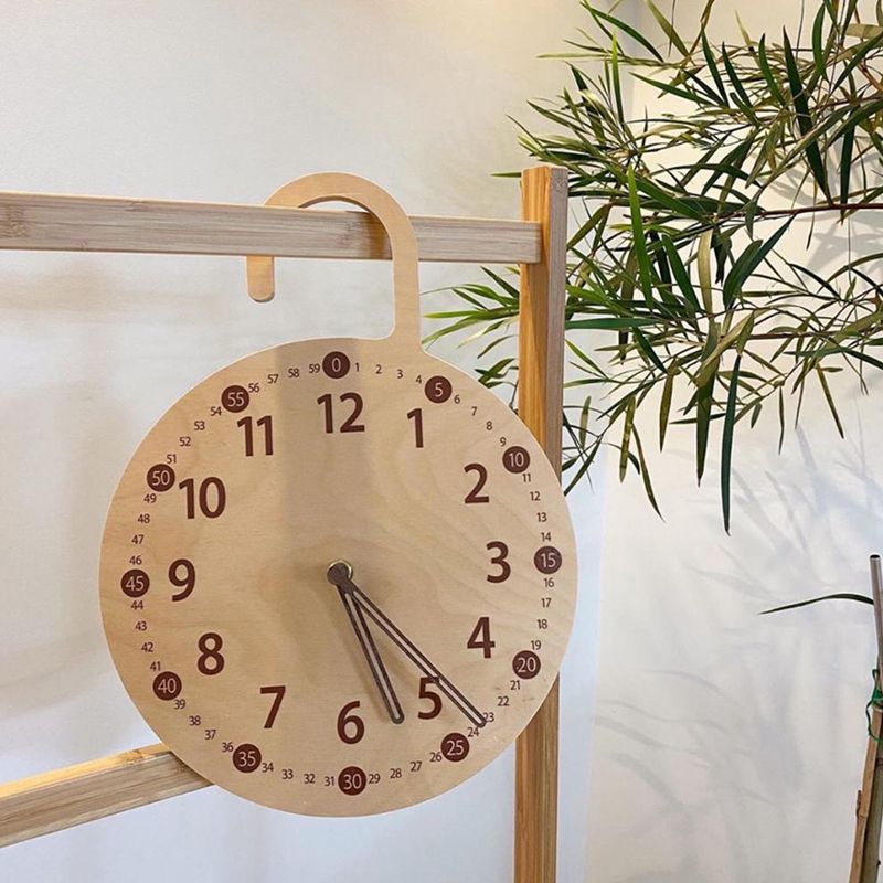 Kids Room Wood Round Wall Hanging Clock Nordic Hook Wall Clocks for Baby Boy Girl Room Decoration Home Decor - A