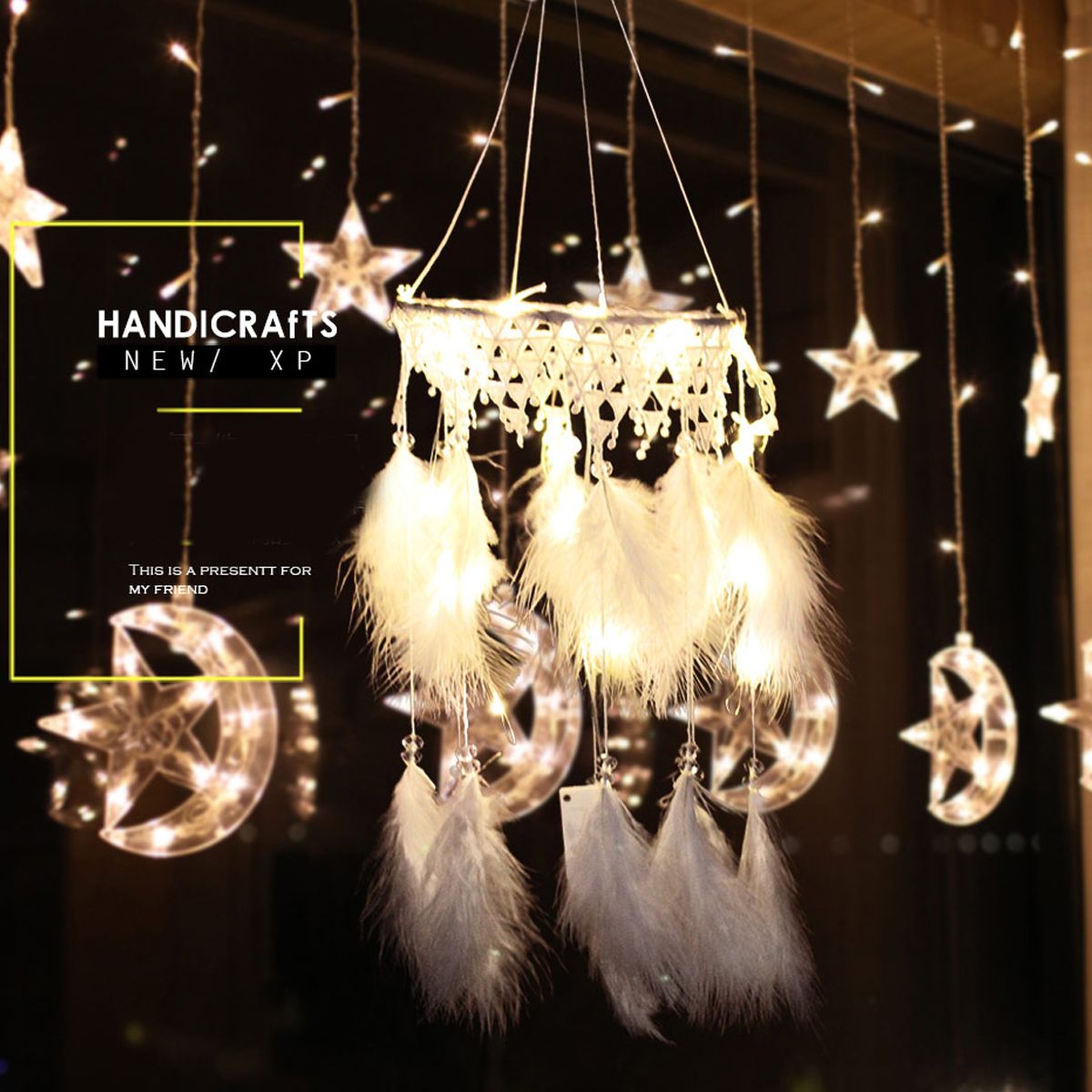 White LED Light Tassel Catching Monternet Catcher Creative Feathers Home Decoration