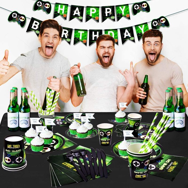 132 PCS Video Game Party Supplies for 16, Gaming Birthday Decorations for Boys,52 Inch x 87 Inch Tablecloth Included