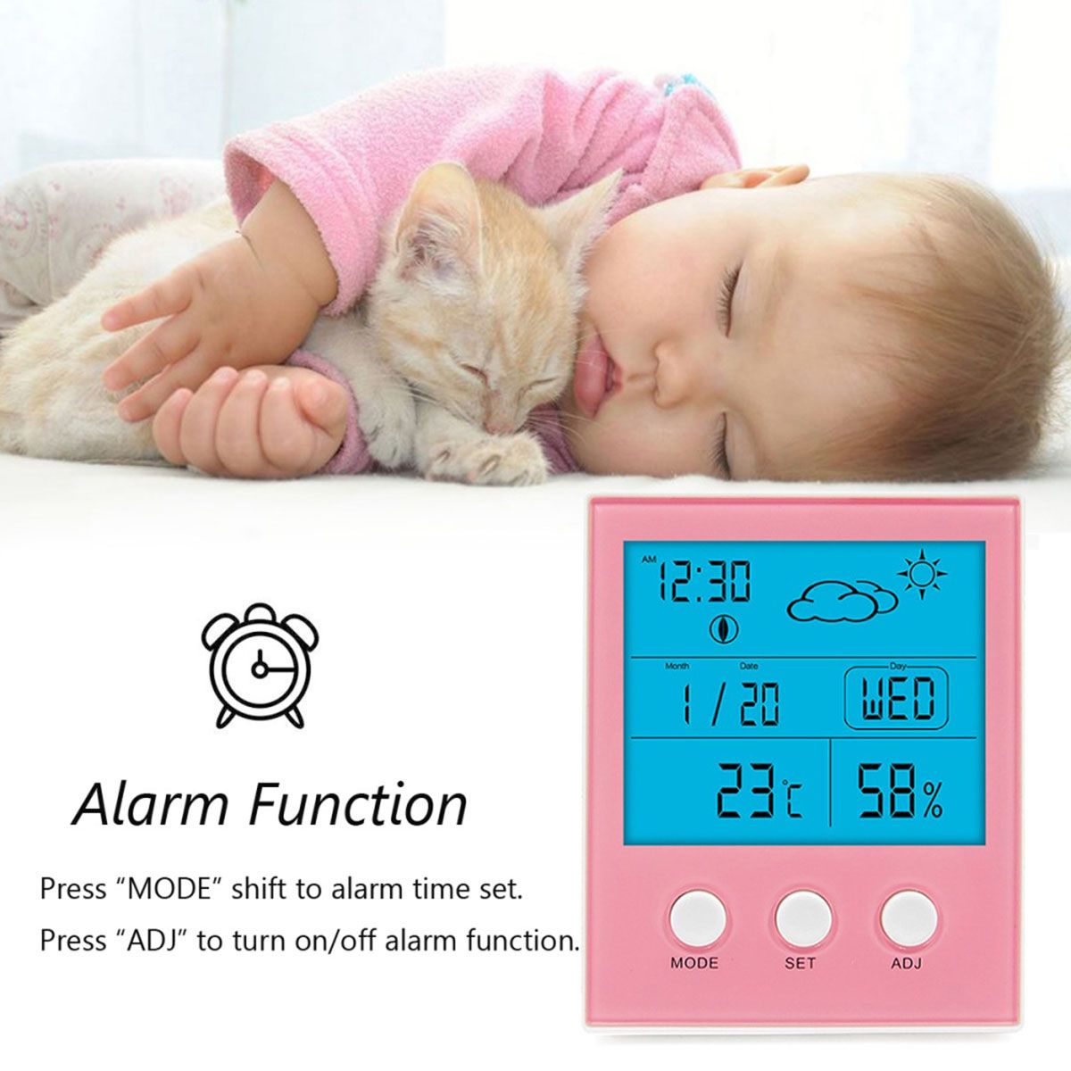 Decorate Your Life Indoor Digital Thermometer LED Backlight Time Date Calendar Alarm Clock Display NEW Pink
