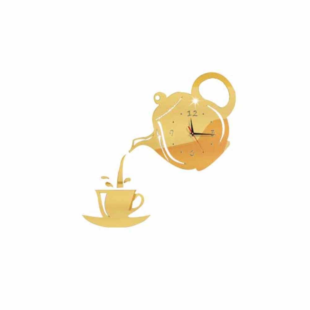 Creative 3D Teapot Cup rylicrror Wall Clock Stickers DIY Home Decor Decals