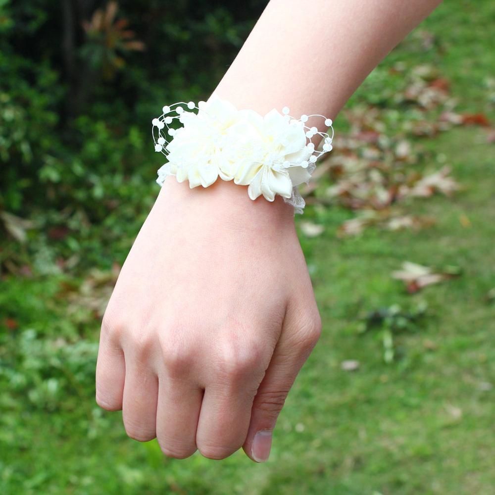 Pearl Beaded Wrist Corsage Wedding Ivory Artificial Flowers Bracel Bridesmaid Marriage Ribbon Corsages Wristband Handmade SW0679