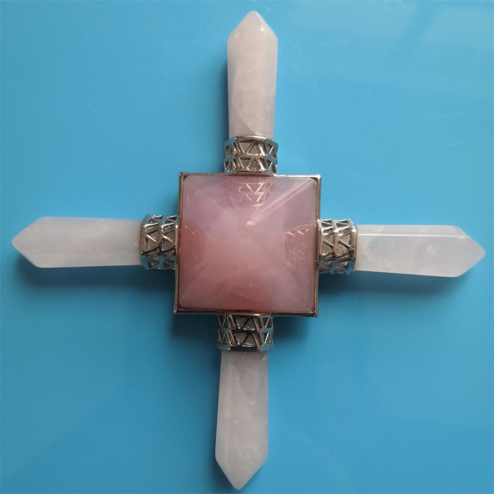 1pc Natural Crystal Quartz Cross Pyramid Rose Quartz Energy Generator Mineral Gem Crafts Home Decoration