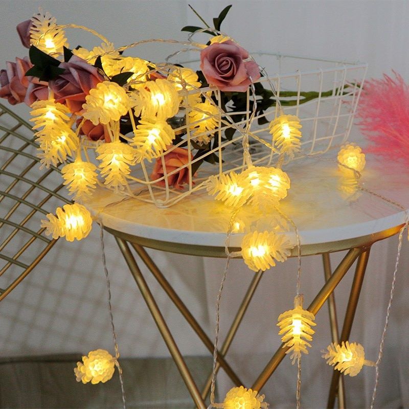 Pine Cones Garland Lamp String Led Curtain Lights Chain Fairy Garden Indoor Outdoor Bedroom Wedding Party Christmas Decorations--White Light--6M 40LEDs EUPlug