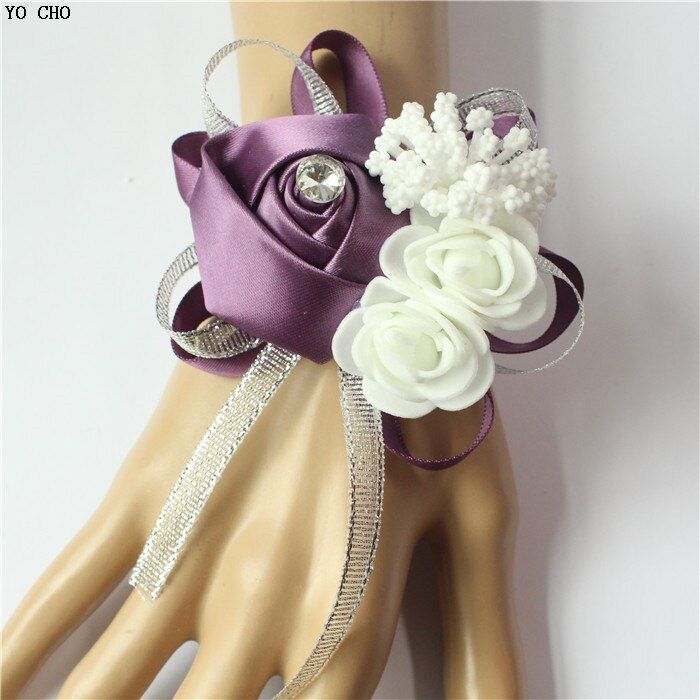 YO CHO 10pc Bridal Hand Flower Wedding Decoration Mariage Rose Wrist Bracelet Silk PE Artificial Brides Bridesmaid Wrist Flower