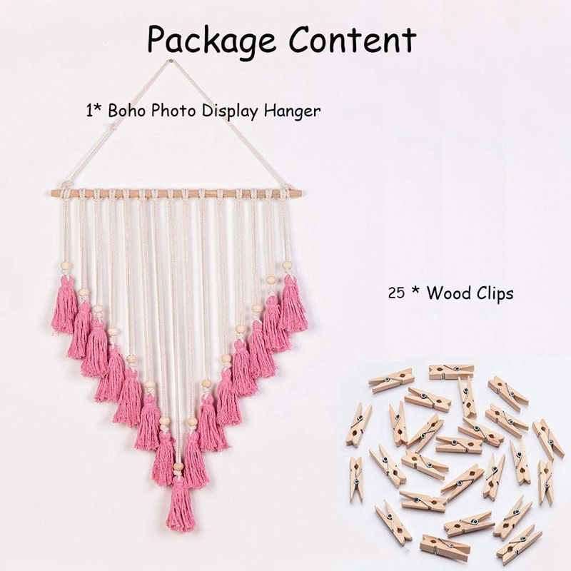 Wall Photo Display Macrame Wall Hanging Boho Bohemian Decor Art Picture Hanger for Home Living Room Dorm,Pink & 25 Wood Clips