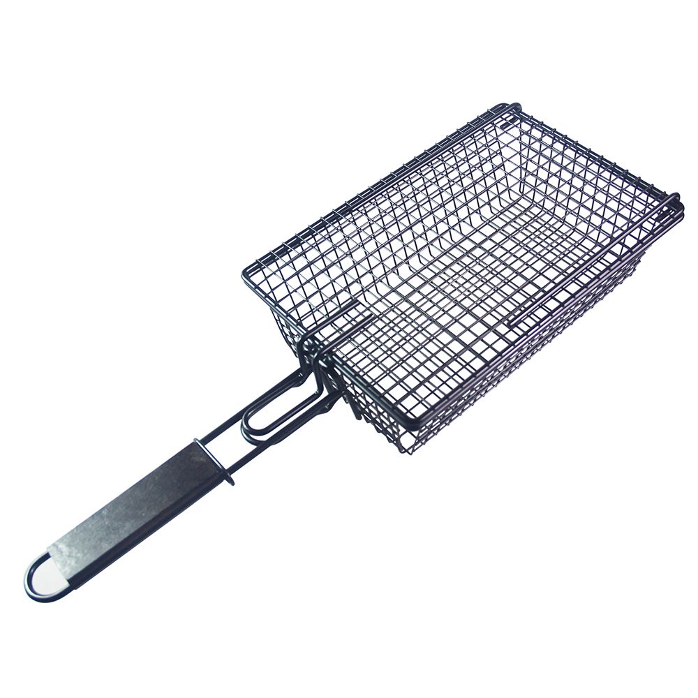 Grilling Nonstick Grill Basket with Lid Metal Barbecue Basket with Foldable Removeable Wooden Handle BBQ Barbecue Tool for Fish Vegetable Steak Meat Shrimp