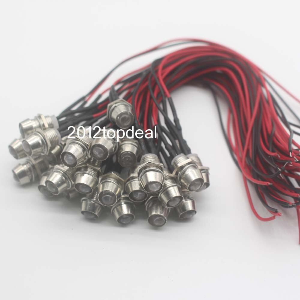 10-100pcs 5mm 12V colorful pre-wired LED Metal Indicator ot Dash Light Lamp Wire Leads