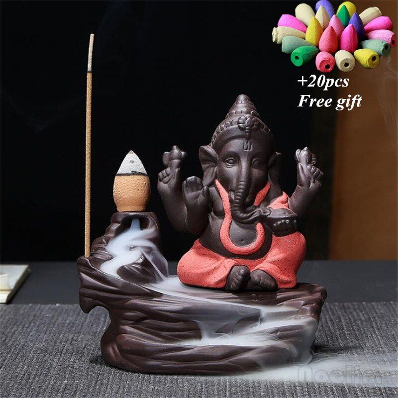 Ganesha Backflow Incense Burner Elephant God Auspicious and Success Symbol Waterfall Censer Home Decor+20pc Free Cones