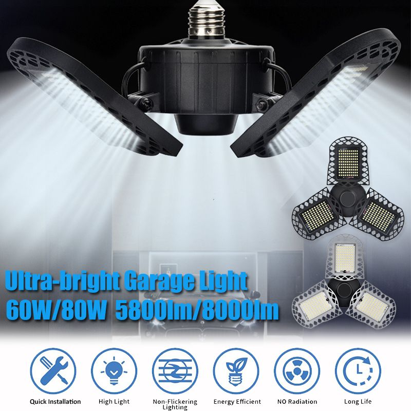 60/80W Deformable LED Indoor Garage Light LED Ceiling Light Bulbs 3 Adjustable Folding Panels