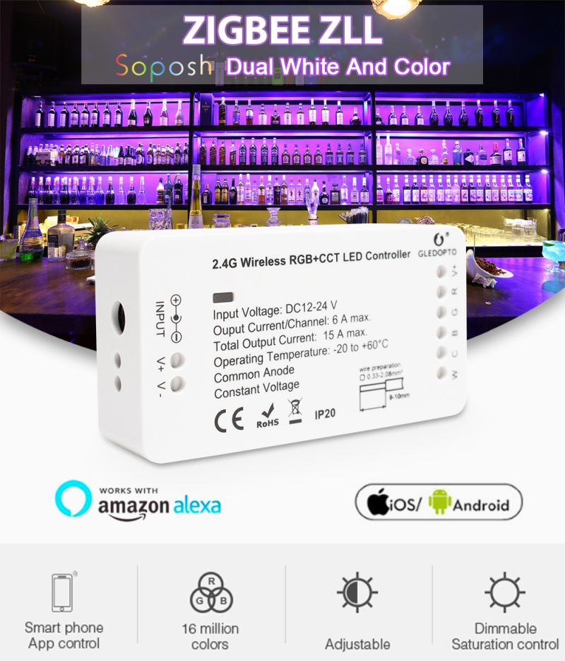 GLEDOPTO RGB+CCT Zigbee Smart LED Light Strip Controller DC12-24V Smart Home Work Hue Bridge Amazon Alexa Echo