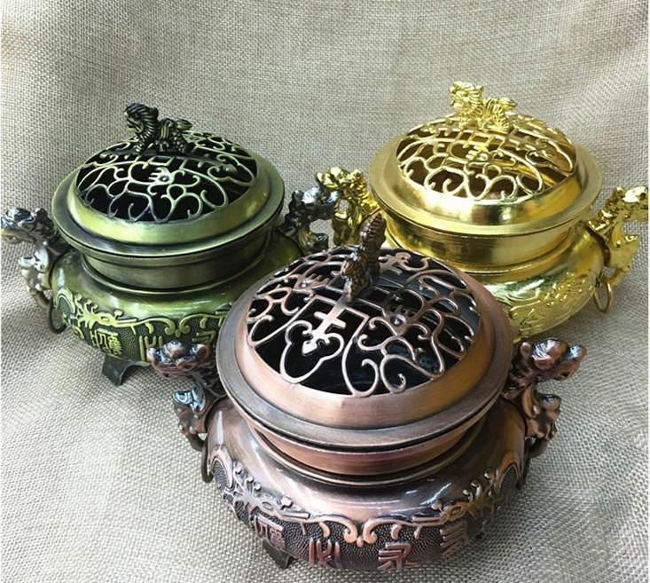 Retro Style Alloy Incense Burner Double Dragon Hollow Cover Censer Cone Holder Home Decoration