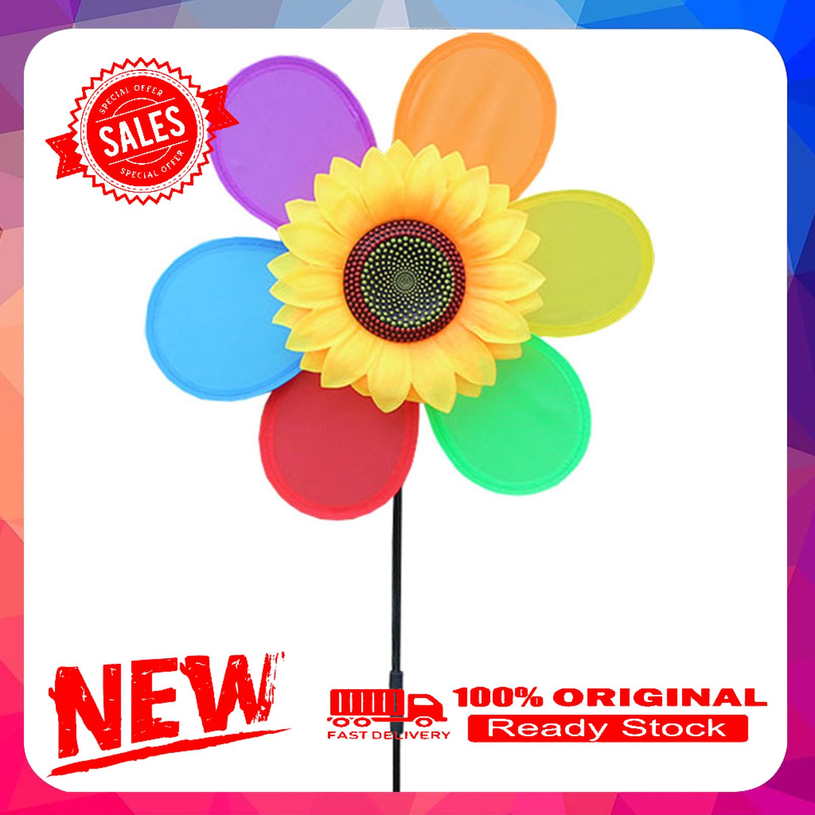 Kids Pin-wheel Flower Design Six Leaves Single-layer Colorful Sunflower Wind Spinner for Decoration