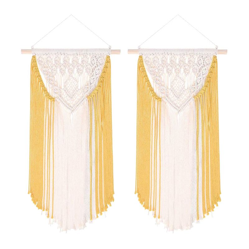 2Pcs Wall Hanging Macrame Tapestry Woven Cotton Rope Decor Bohemian Style with Tassels Art Home Decoration,Yellow,33Inch