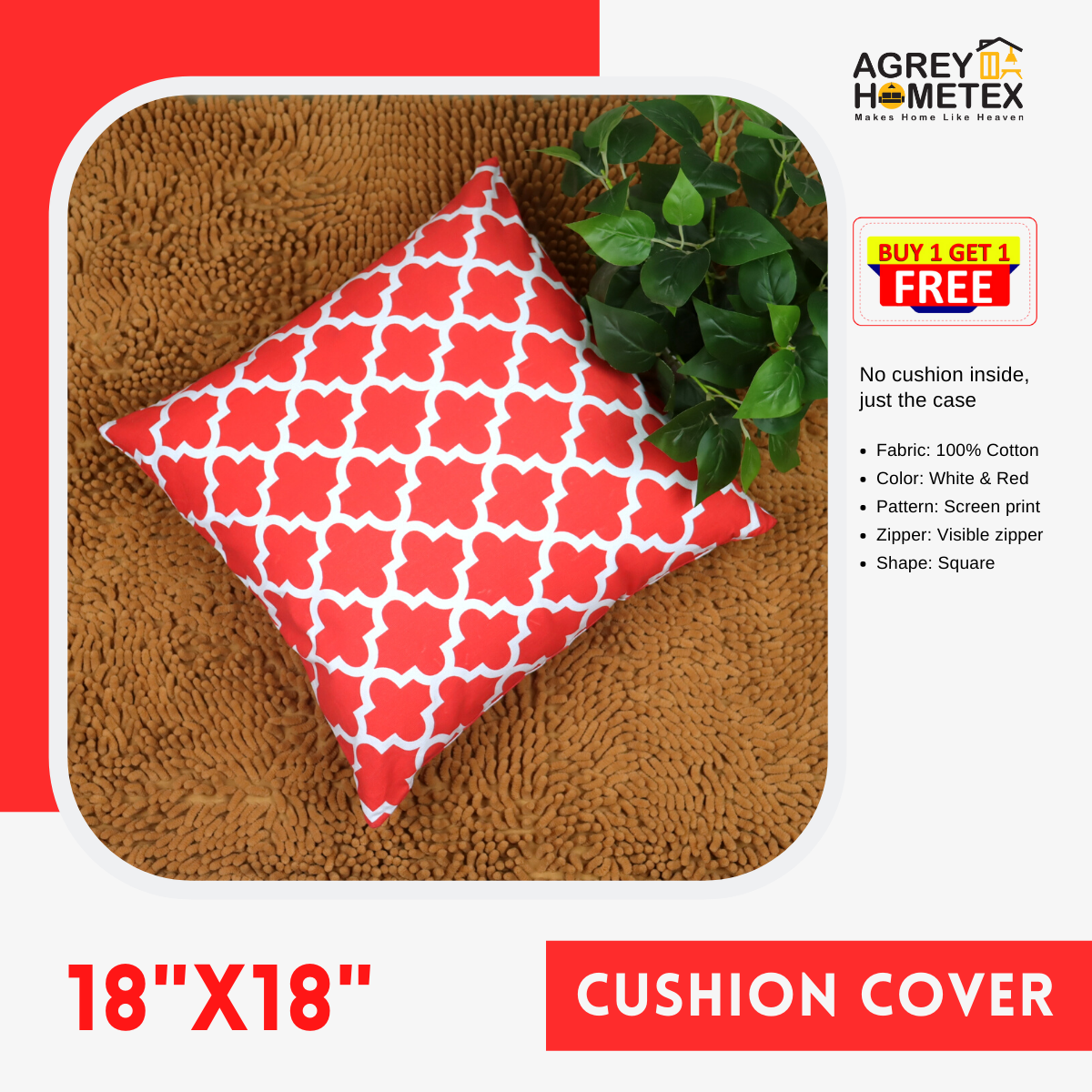 Cushion Cover, Red (18"x18") Only Cover