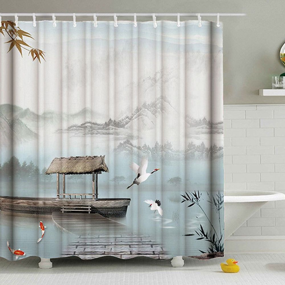 Yfashion Mountain Printing Shower  Curtain Waterproof 3d Digital Printing Decor Bathroom color:Ink landscape painting specification:180*180cm