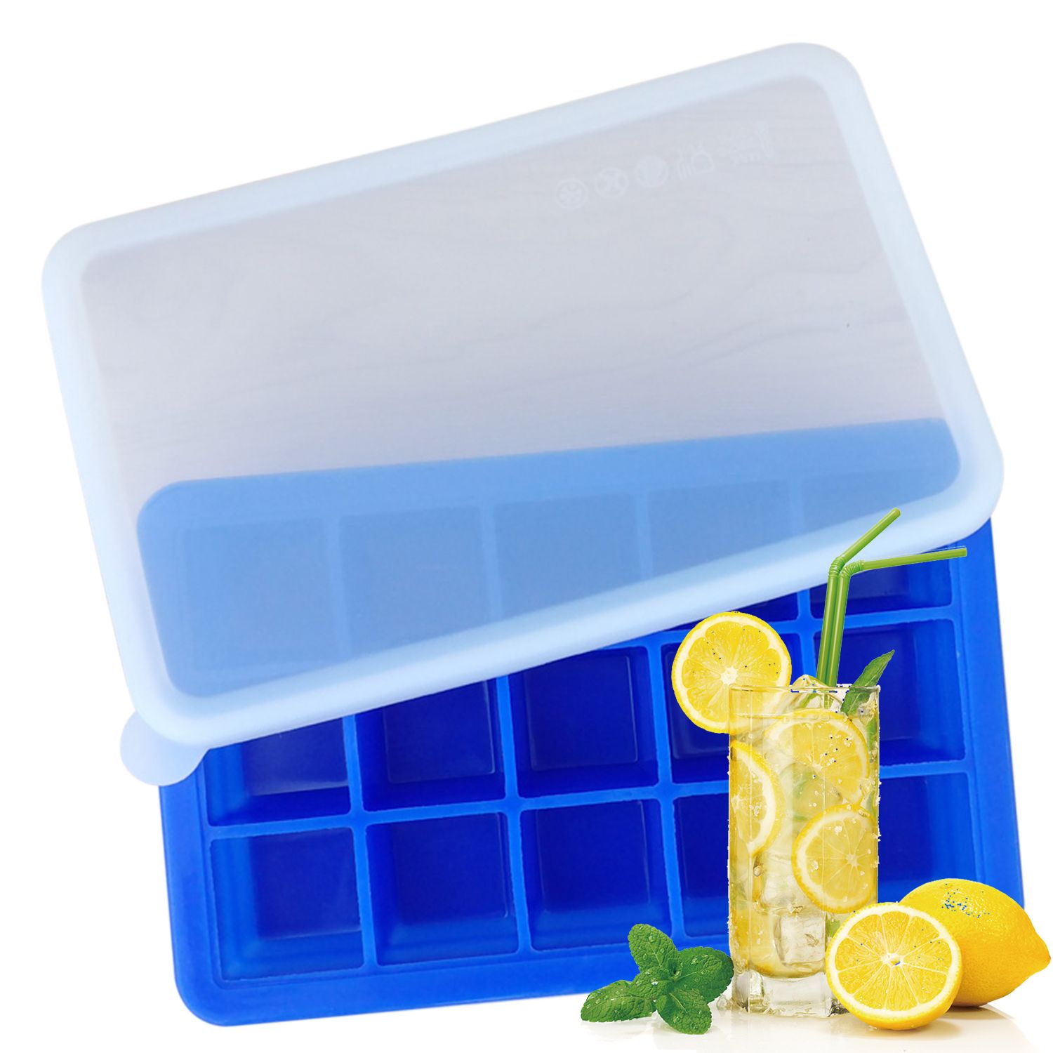 Ice Cube Trays Release Silicone 15 Grids Ice Trays with Spill-Resistant Removable Lid Stackable DIY Home Ice Cube Molds for Chilled Drinks