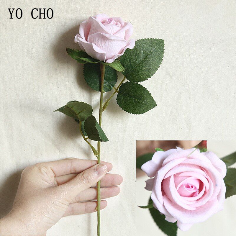 YO CHO Artificial Flower Silk Rose Flannelette Single Branch Rose Fake Flower Burgundy DIY Home Party Decor Wedding Supplies