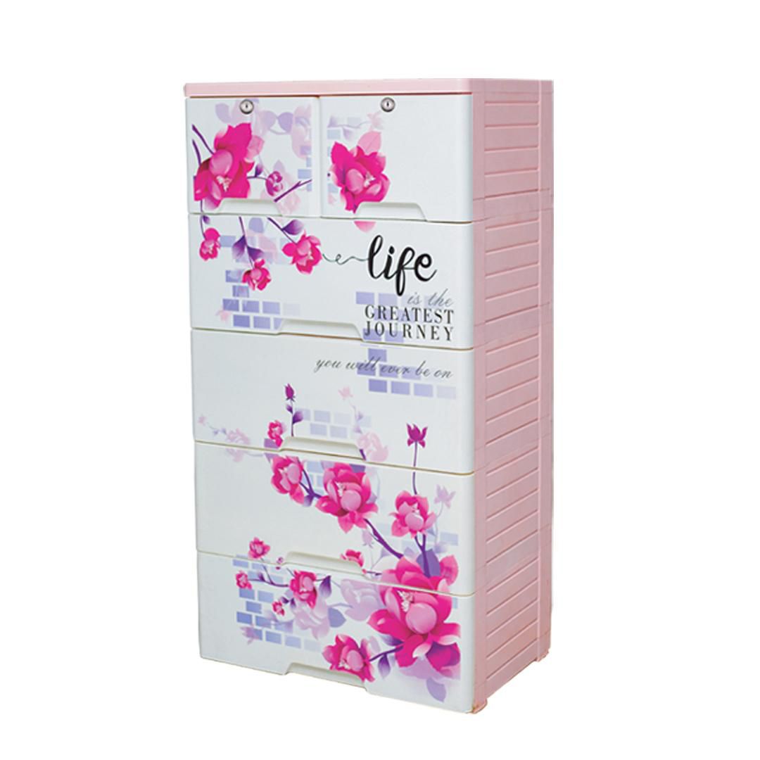 Npoly Wardrobe (Lovely Flower) - 5 Step with Lock - Off White