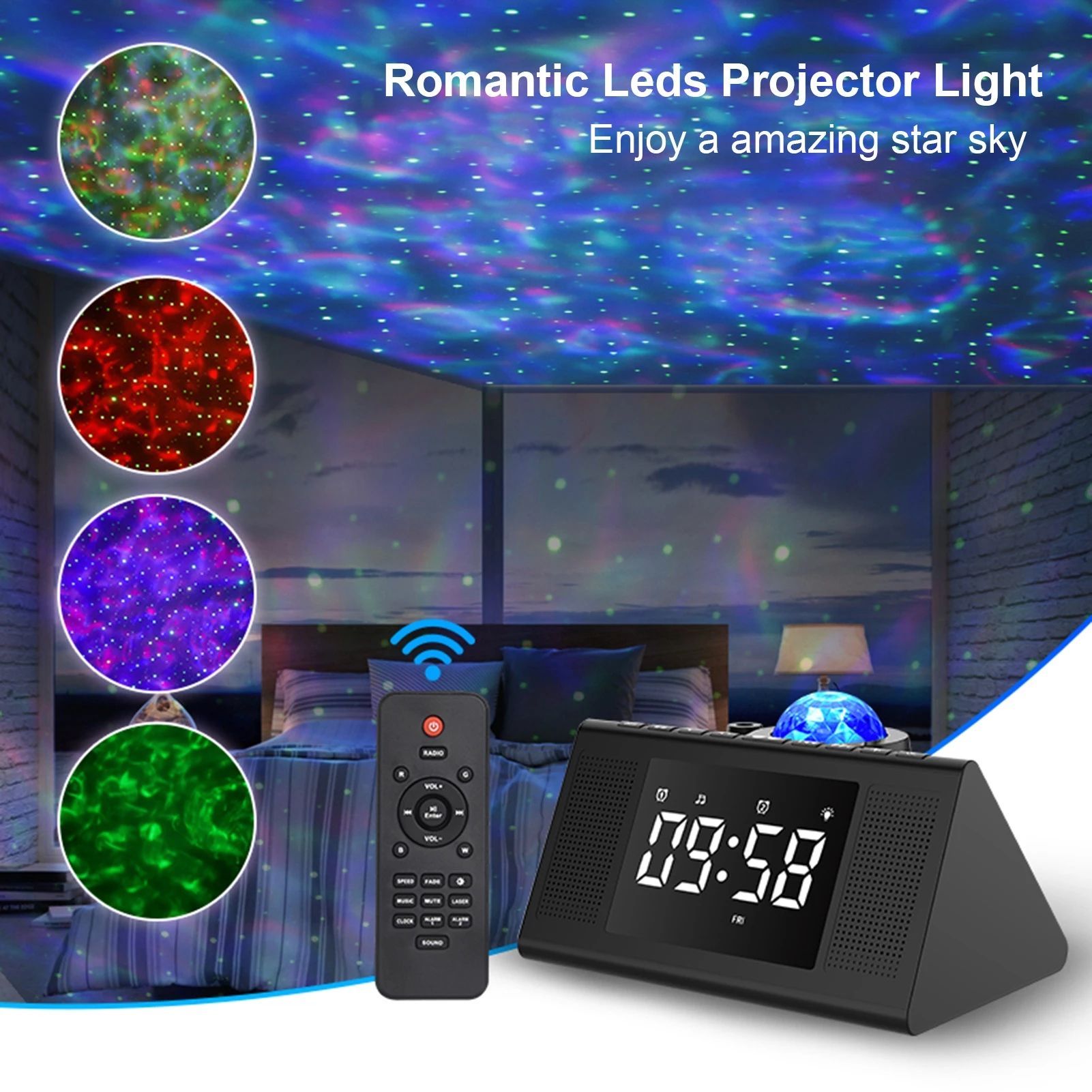 CX-009 Starry Sky Projection Lamp With Digital Alarm Clock Built-in BT Music Player FM Radio Remote Control Night Light with ABS+PC material
