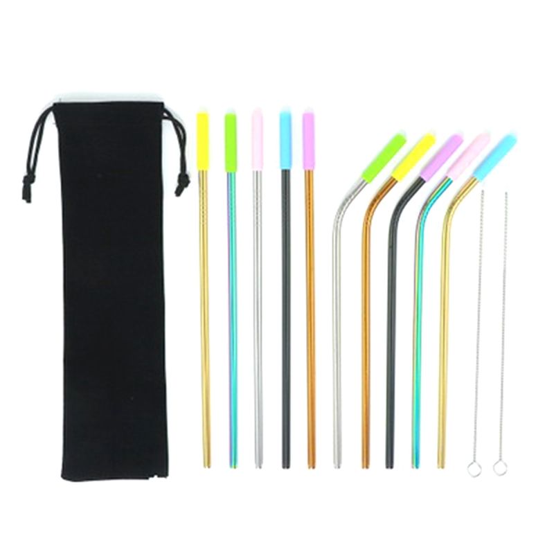 304 Stainless Steel Straw Set Ice Tyrant Cup Stainless Steel Straw Milk Tea Straw Rainbow 12 Sets
