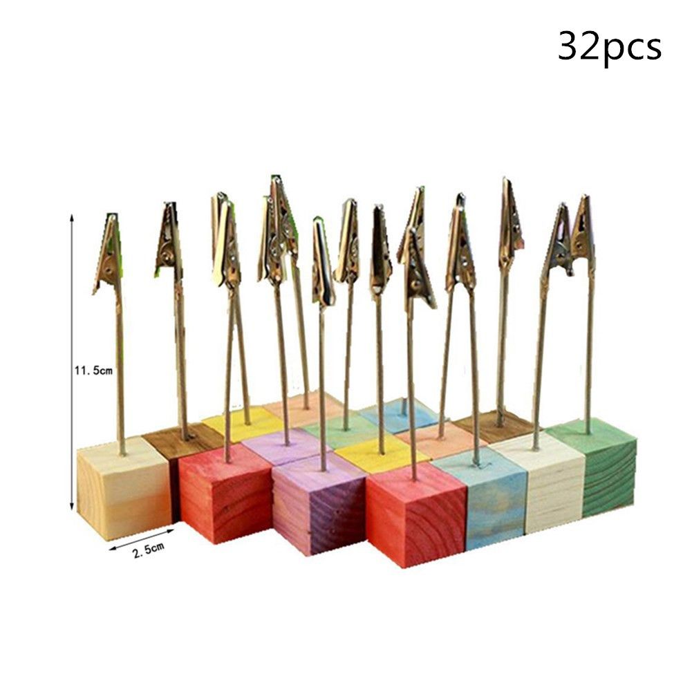 Yfashion 8/24/32pcs Colorful Pine Wedding Menu Clip  Holder with Wooden Base