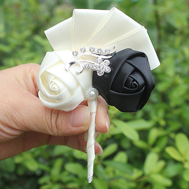 In Stock Handamde Best Man Groom Boutonniere Satin Rose Wedding Party Prom Man Suit Corsages Creative party accessories