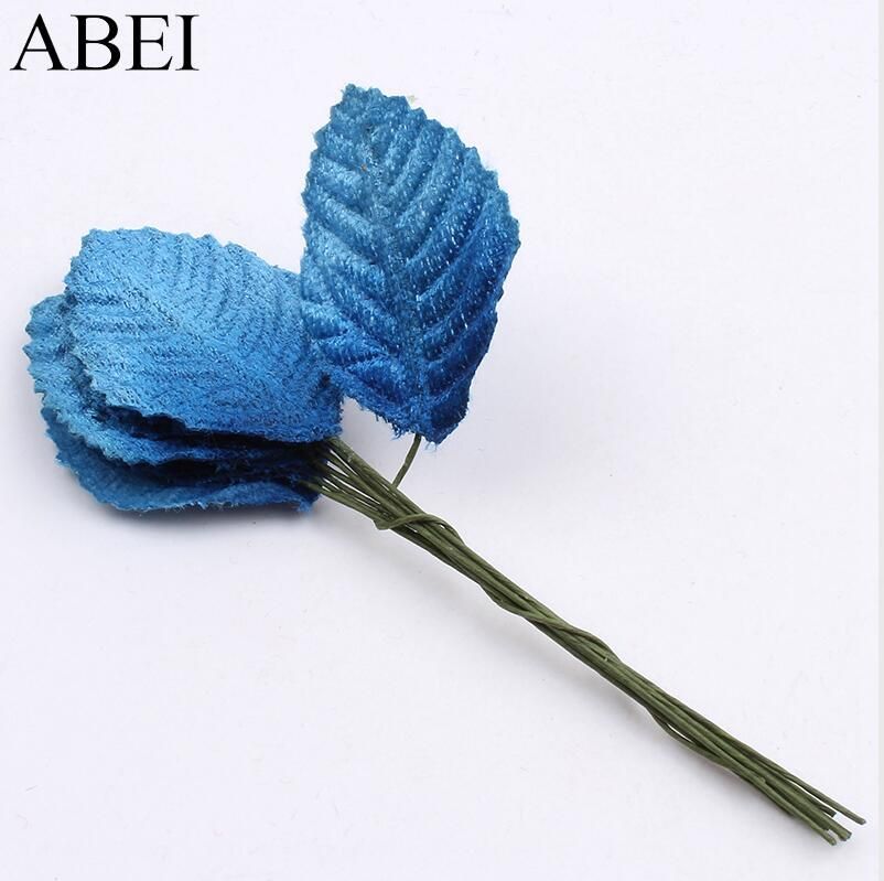 50pcs/lot Quality Velvet Leaf W/Wire Stem Artificial Flower Leaves Bouquet For Wedding Party Decoration DIY Wreath Garland