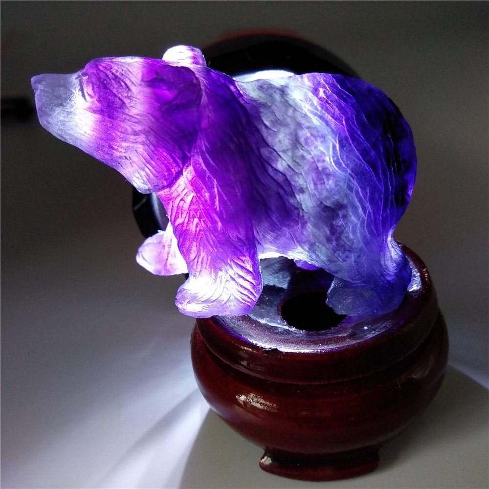 Natural Purple Fluorite Crystal Quartz Bear Hand carved figurine animal carving