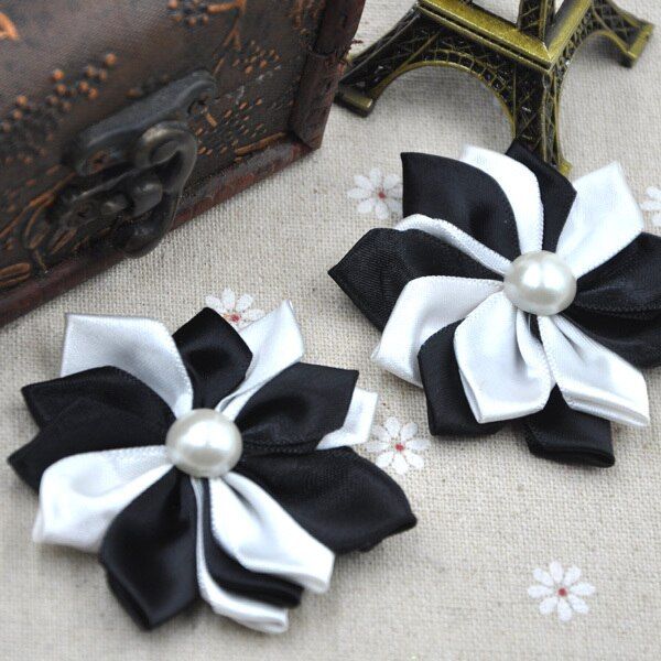 10pcs satin ribbon flowers W/pearl Appliques Craft DIY Wedding 9 Colos A268