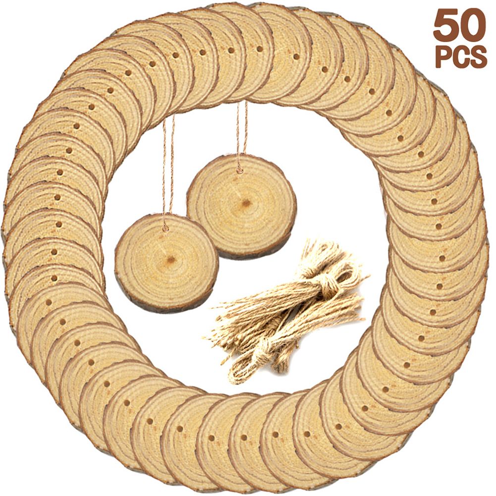 Yfashion 50pcs/Set Natural Wood Slices with Holes for Crafts Ornaments DIY Round Discs Ornaments