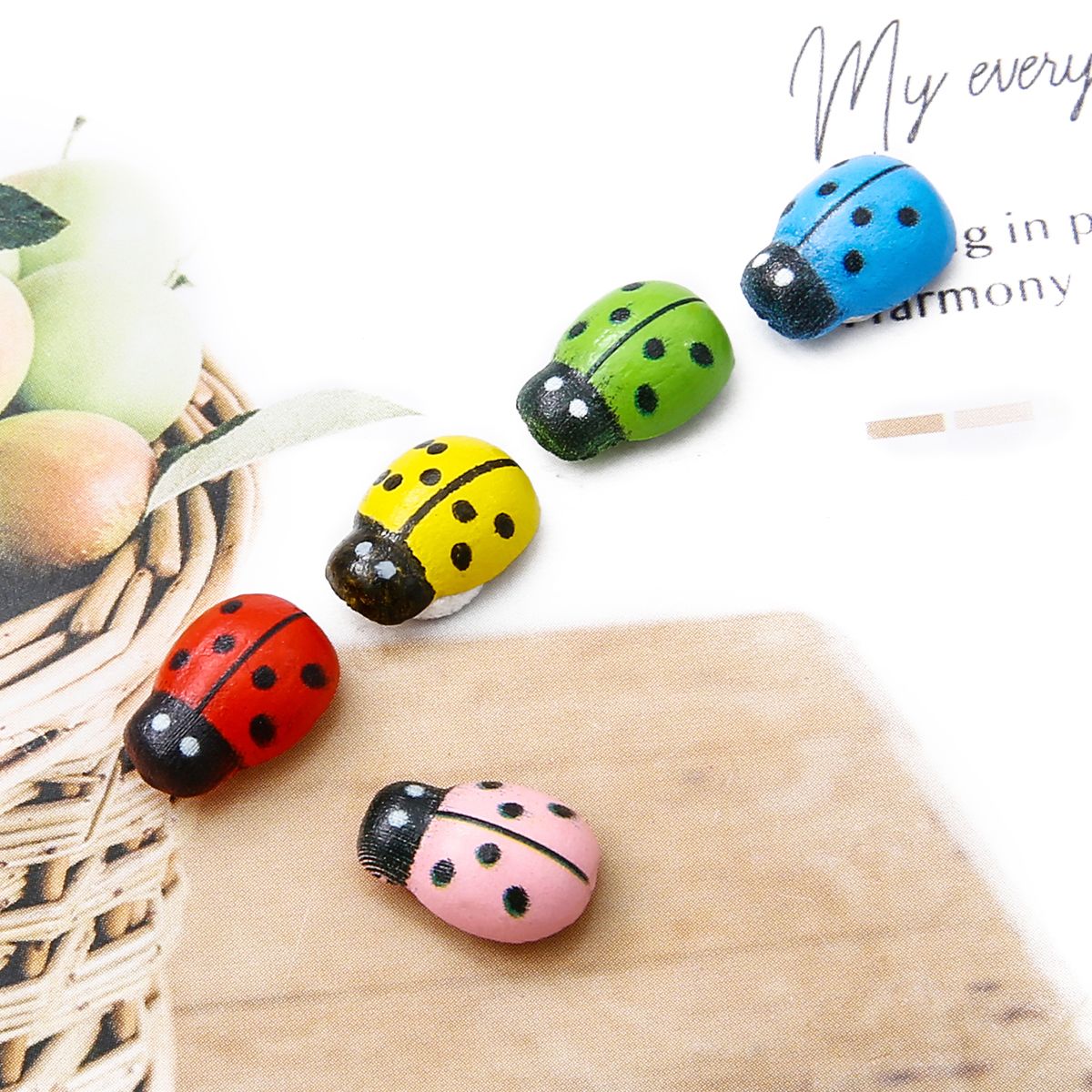 50pcs Cartoon Colorful Beetle Ladybug Wooden Craft 9x13mm with Glue