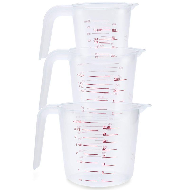 3pc Plastic Measuring Jug Set Large 4 Cup, 2 Cup and 1 Cup Capacity BPA Free Measuring Beakers with Angled Grip Essential Kitchen Accessories