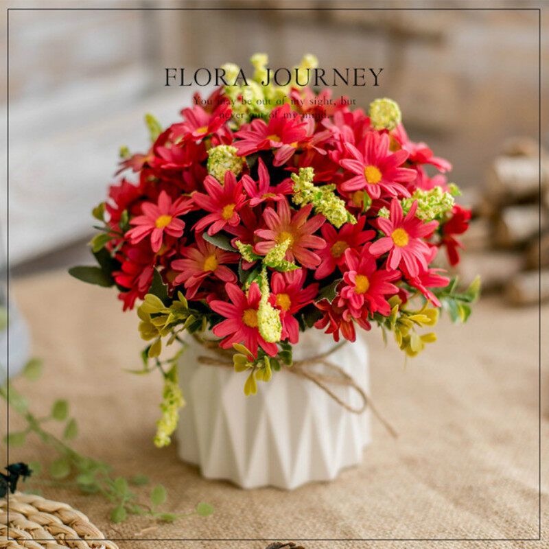 Panda Online Silk Flower Rose Daisy Artifical Flowers Wedding Party Home Bouquet Decor with Ceramic Vase