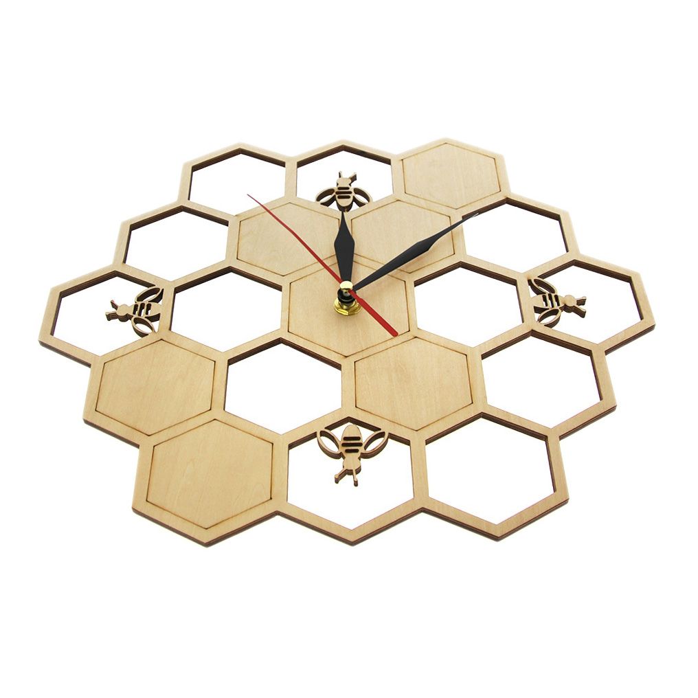 Durable Cut Wood Clock Honey Bee on Honey Comb Hexagon Nature Watch Wall Clock Geometric Kitchen Art Decor