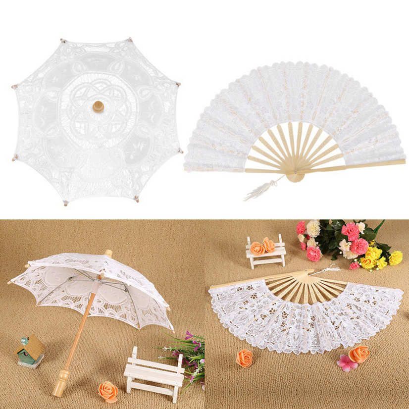 Lace Umbrella + Fan Parasol for Lady Women Party Decor Dancing Photography Prop
