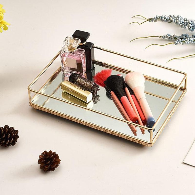 Nordic Retro Storage Tray Gold Rectangle Glass Makeup Organizer Tray Dessert Plate Jewelry Display Storage Box -Silver