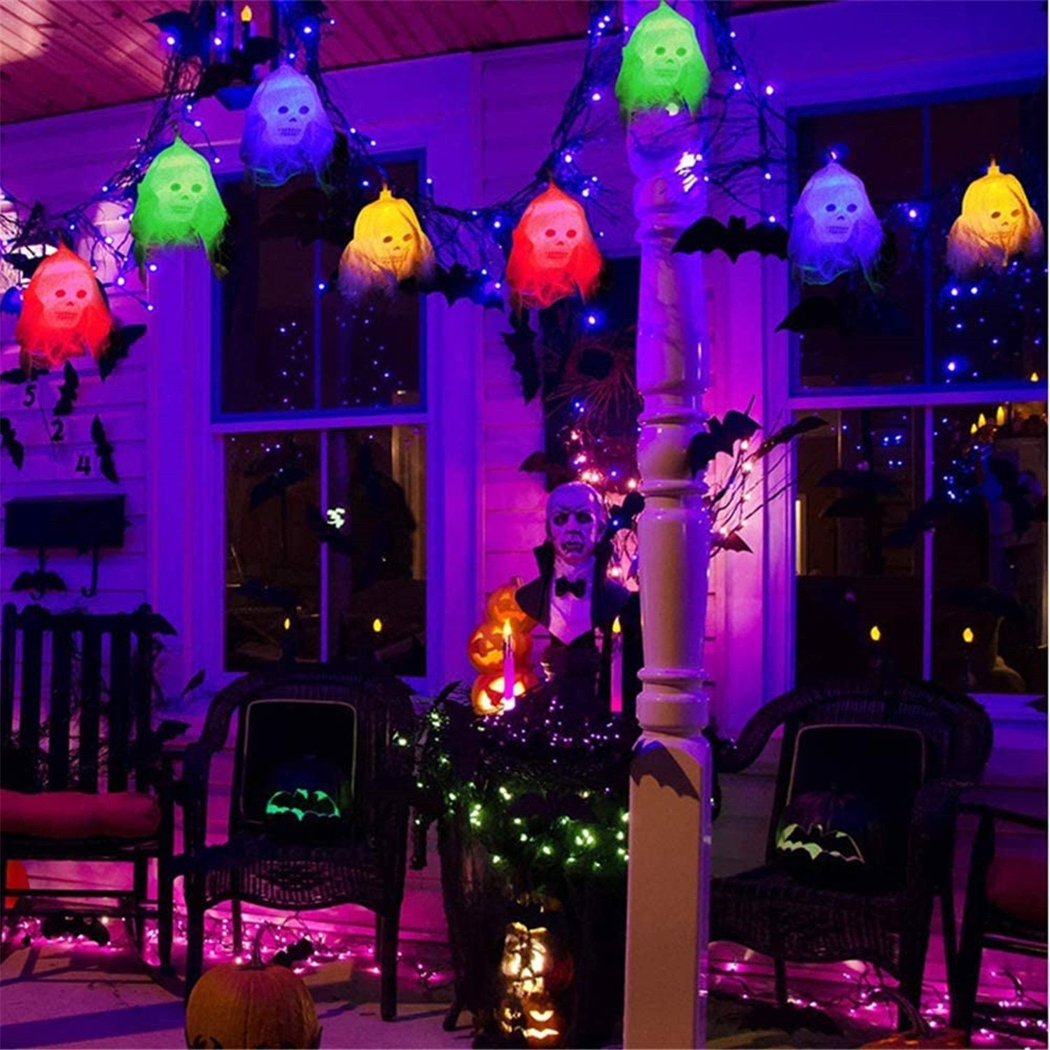 Skull Halloween String Lights 10 LEDs White Gauze Skeleton Skull Lights Multicolor  Operated for Halloween Holiday